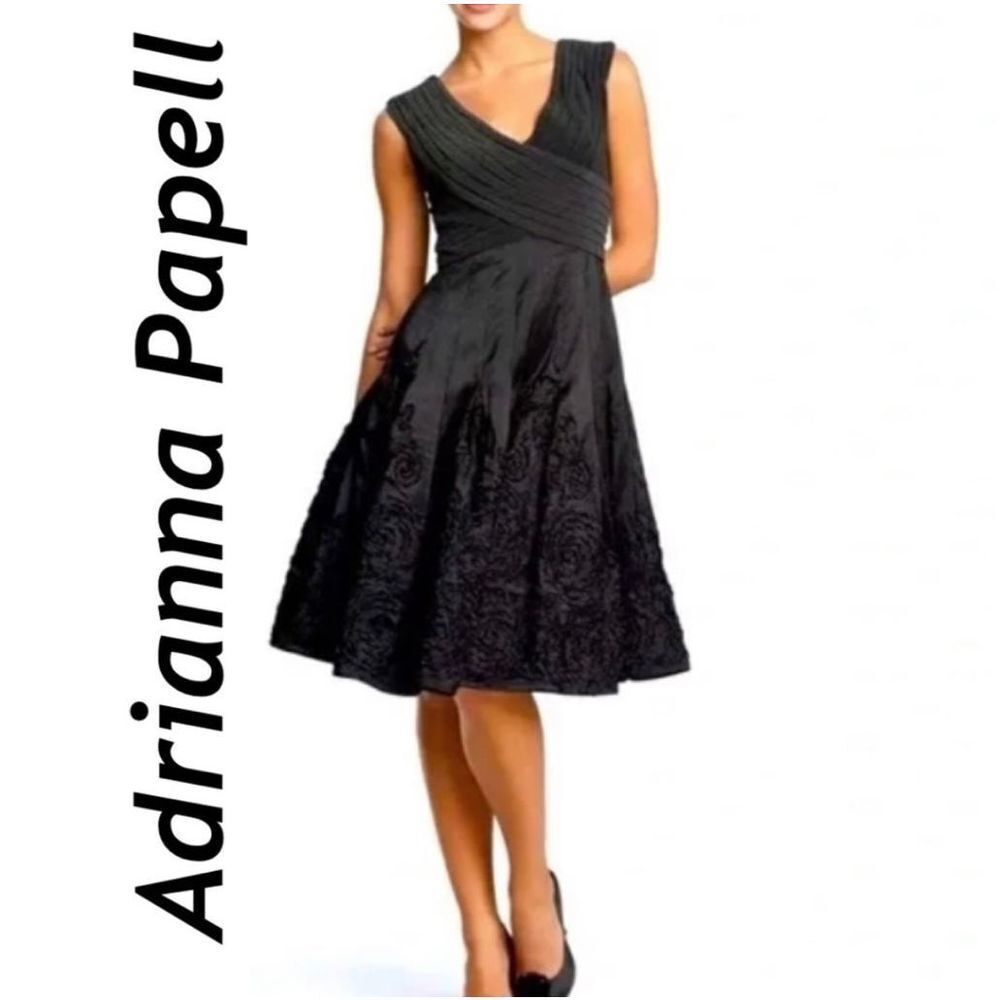 Adrianna Papell black formal midi v-neck formal dress, fit & flare , zippered ba